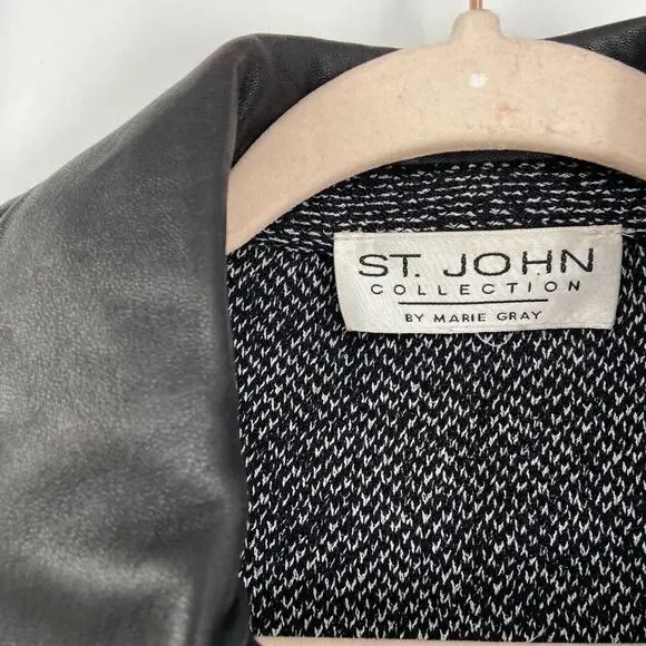 St. John Collection Gray Black Tweed Zip Jacket Leather Panels Size S - Picture 2 of 8